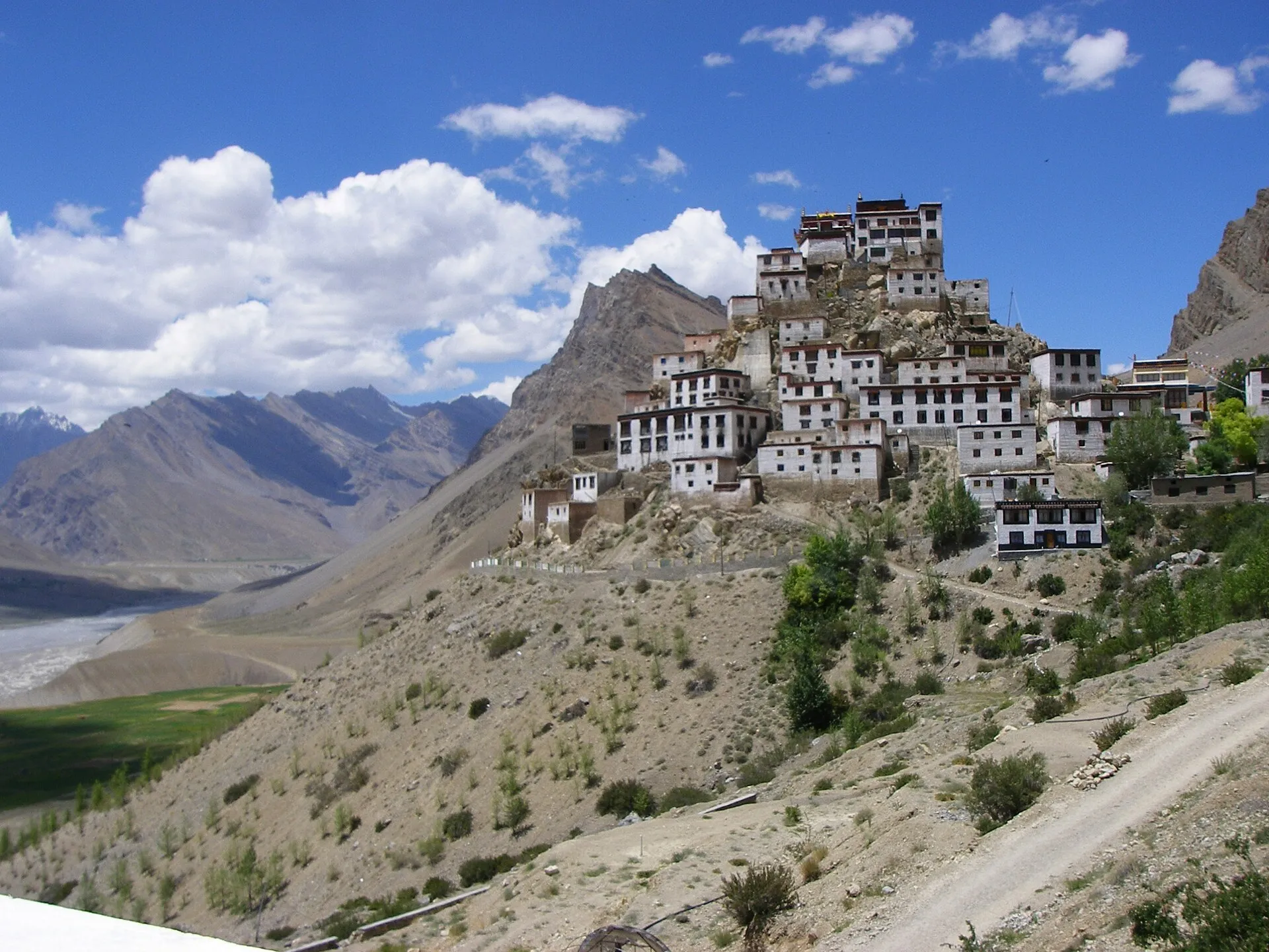 Key Monastery stacked white against the bare brown ridges of the Spiti valley.