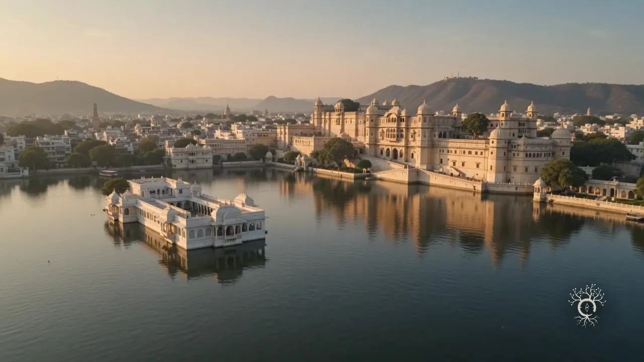 A narrow Udaipur lane of pale carved havelis opening toward Lake Pichola.